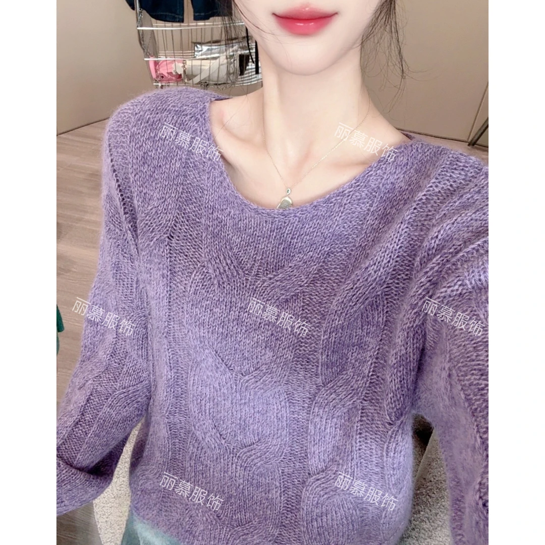 【薰衣草】春季时尚一字领休闲宽松大麻花针织套头衫1312