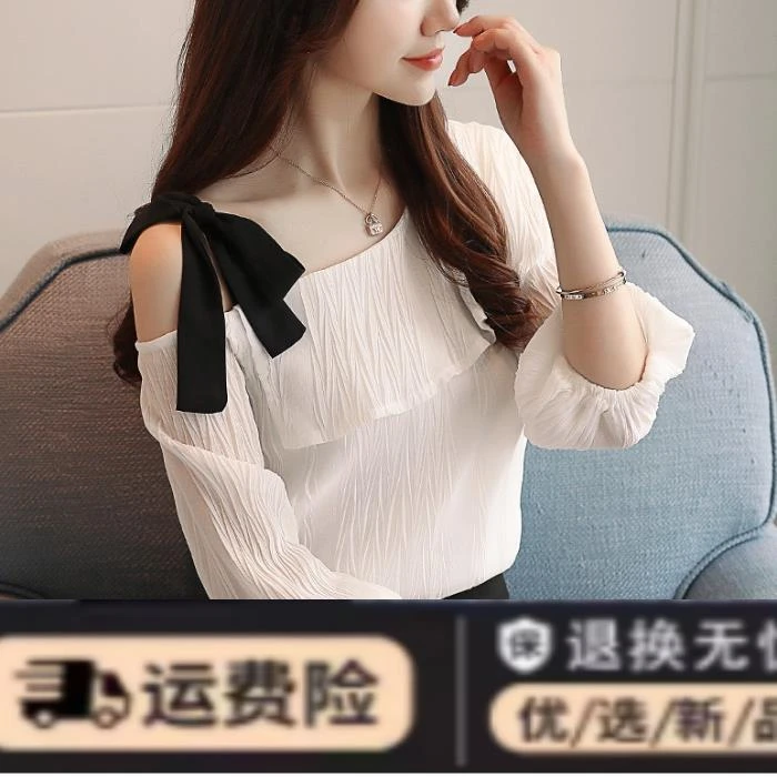 衬衫女半袖2024夏季新款灯笼袖洋气超仙雪纺上衣斜肩吊带露肩t恤