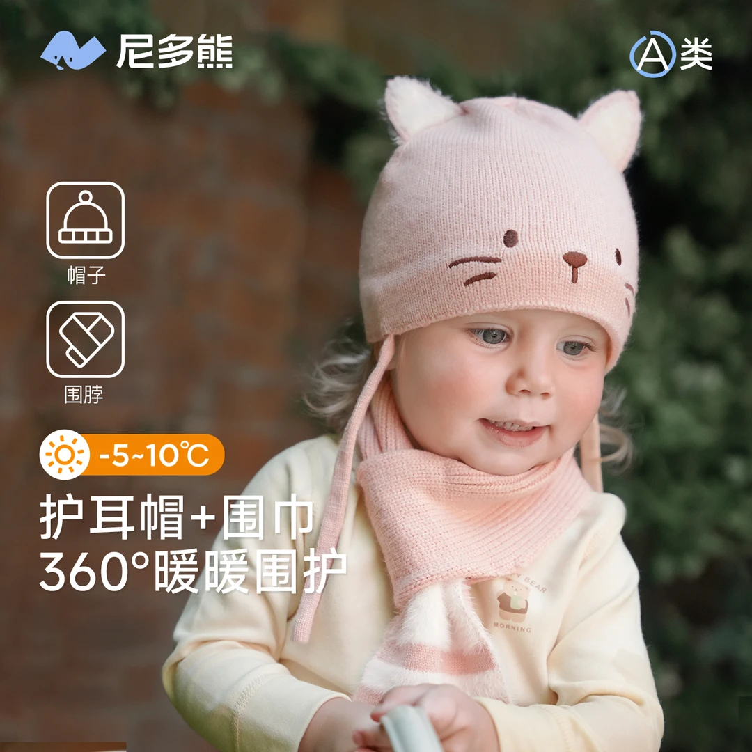尼多熊2025新款儿童护耳帽宝宝针织毛线帽防风保暖婴儿帽子秋冬