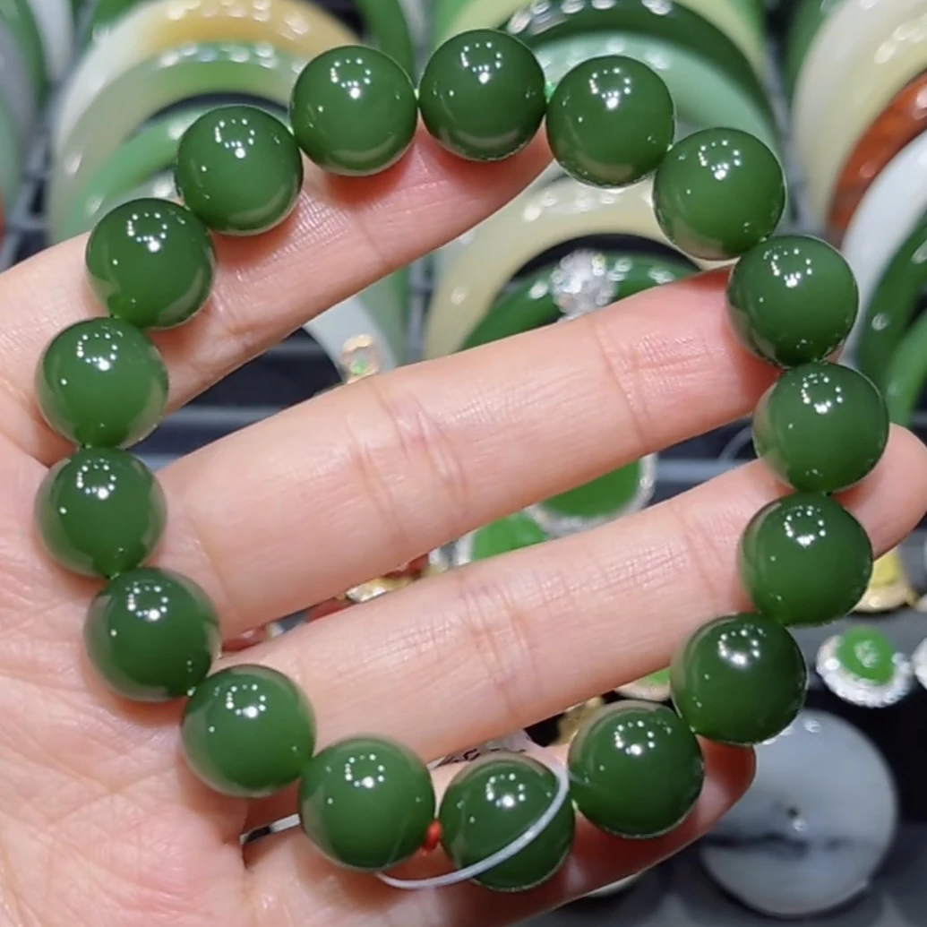 和田玉俄料碧玉辣绿手串12mm