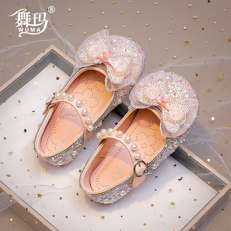 舞玛女童鞋子儿童公主水晶鞋2024新款春夏季女孩平跟小皮鞋412021