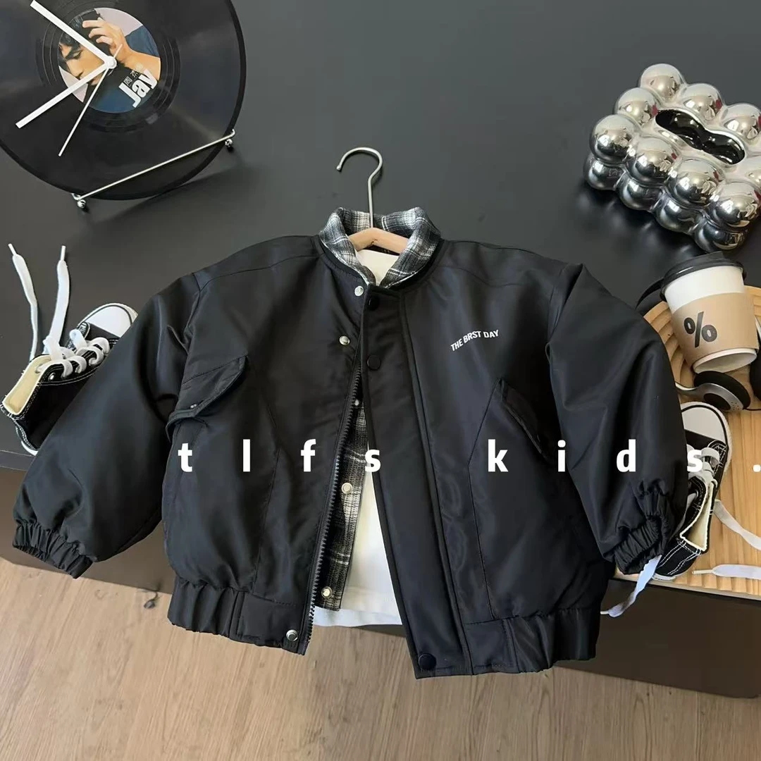 童例「25511格子拼接棉服外套」秋冬儿童休闲百搭中童男女童夹克潮