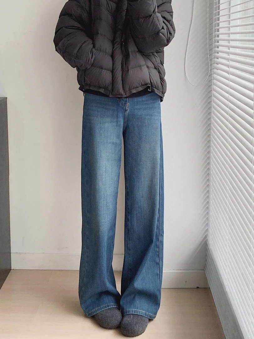 大码高腰蓝灰色加绒加厚宽松显瘦遮胯牛仔裤女冬季梨型直筒阔腿裤