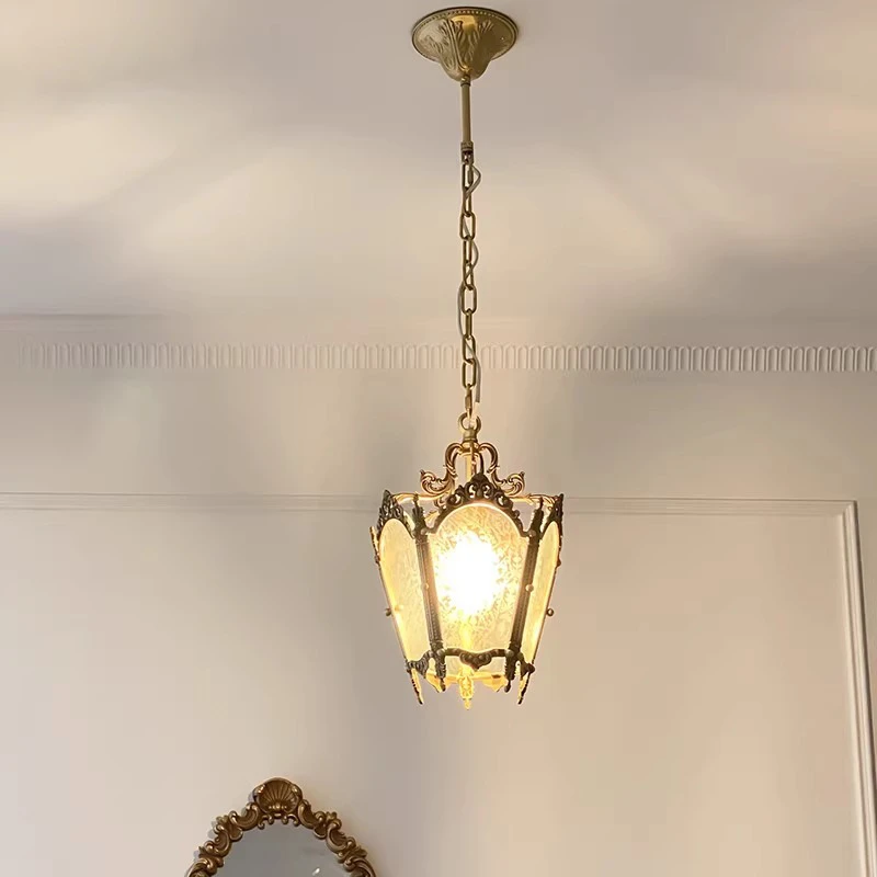 复古日式法式欧式中古吊灯 阳台玄关衣帽间黄铜冰花玻璃吊灯