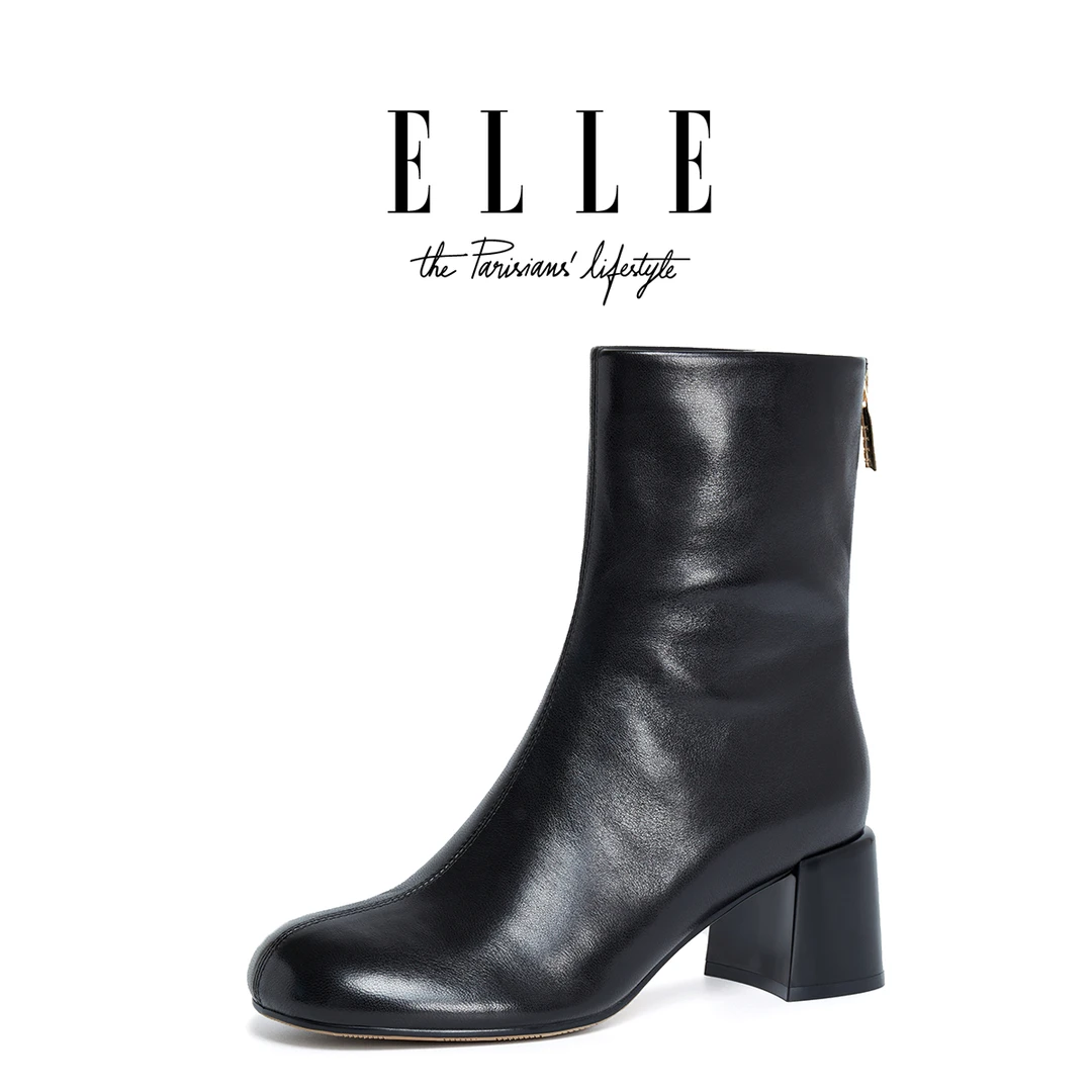ELLE韩系高跟圆头显瘦短靴女真皮粗跟复古马丁靴极简风通勤及裸靴