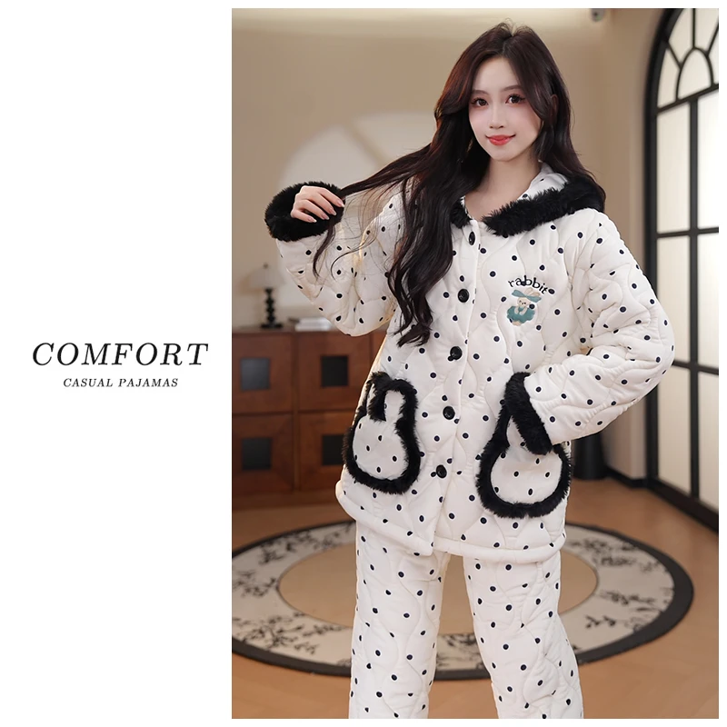 三层夹棉睡衣冬天季加绒加厚睡衣女2025新款设计感冬季家居服套装