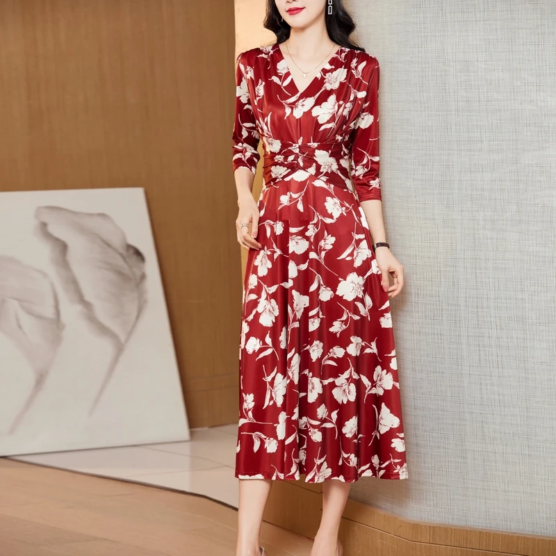 【主播甄选】优雅气质温柔风修身显瘦V领印花连衣裙A字红色中长裙