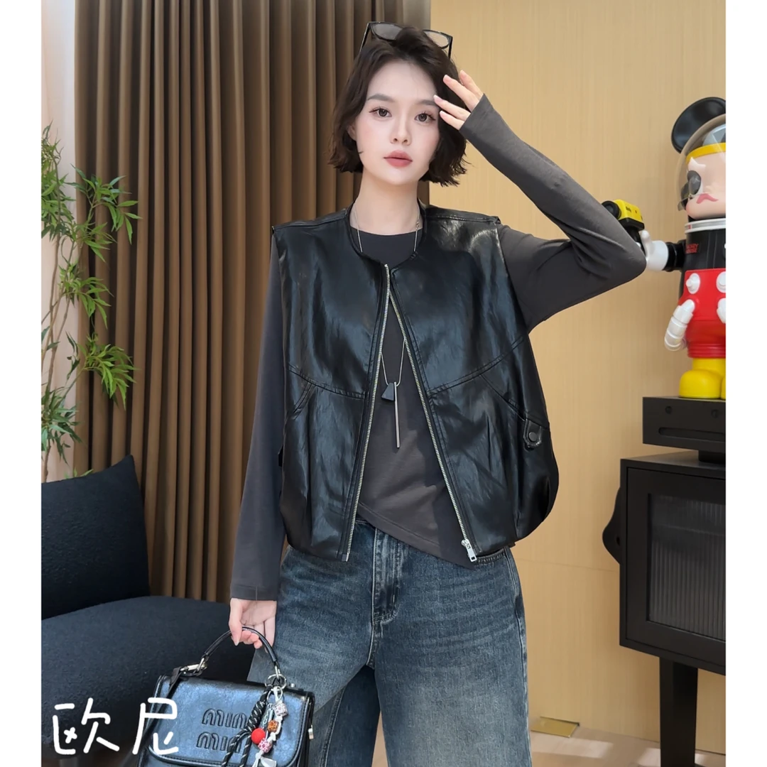 欧尼私服 2025早秋新款圆领无袖皮衣马甲复古夹克上衣2508C4278
