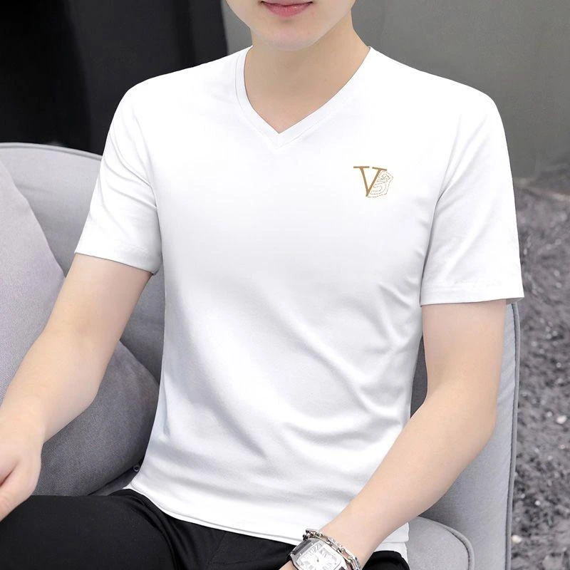 白色男装V领纯棉印花薄款短袖体恤高档男士夏装休闲国潮韩版短袖