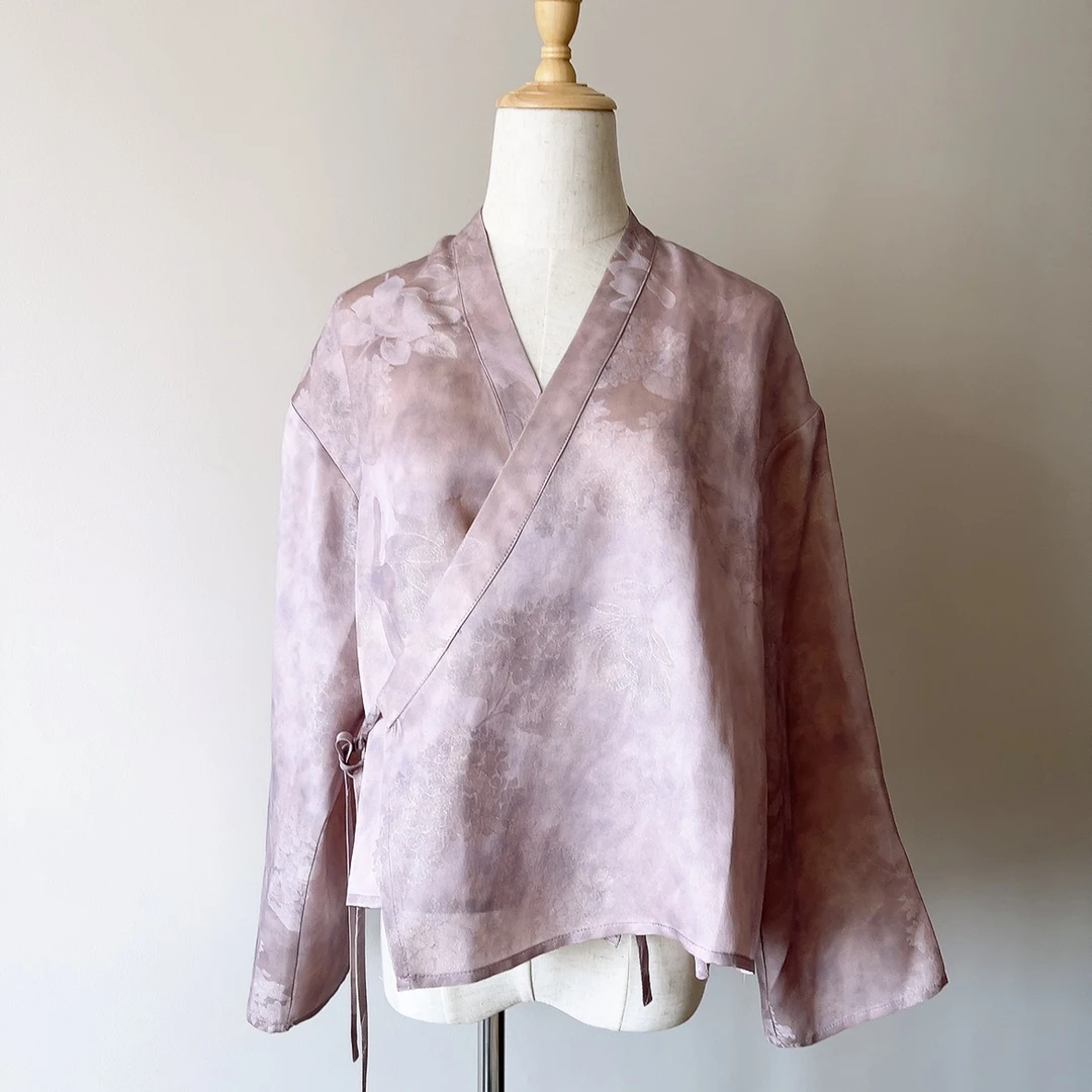 真丝上衣女夏季桑蚕丝织金花罗正绢长袖道袍系带宽松外搭2025新款