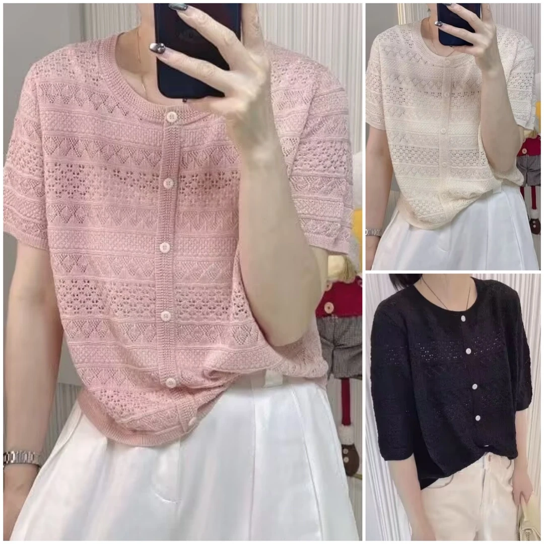 YANUJIAO/雅奴嬌大码夏季气质短袖冰丝针织衫女镂空百搭洋气半袖