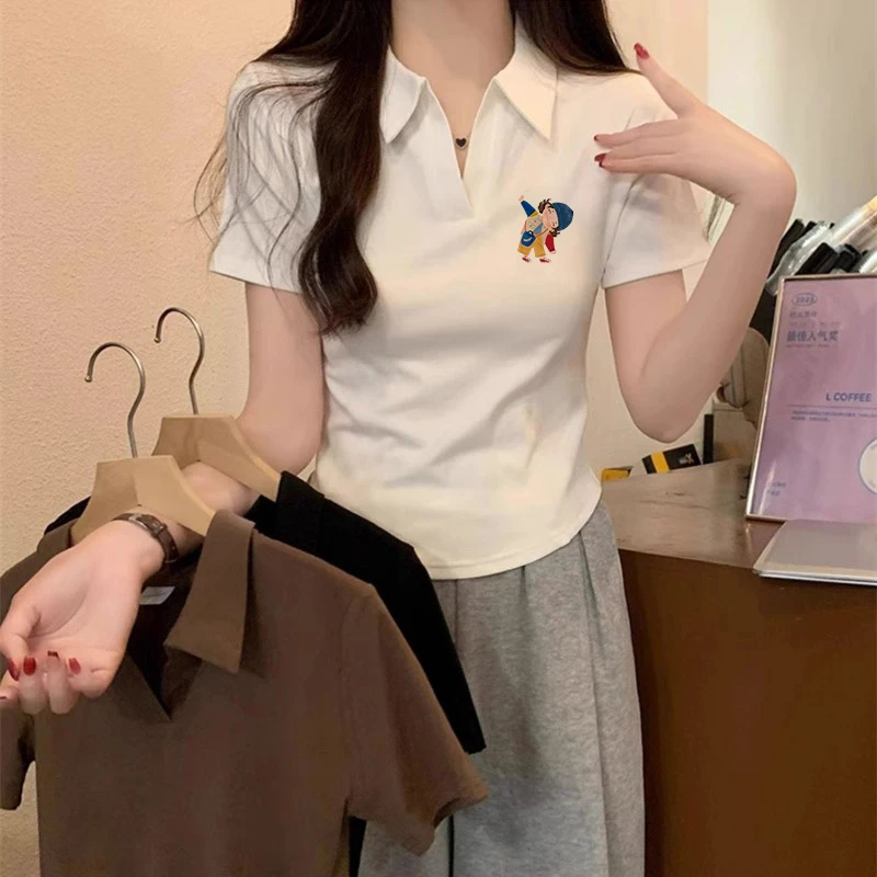 甜辣正肩短袖t恤女显瘦夏季洋气小上衣2025新款修身休闲v领polo衫
