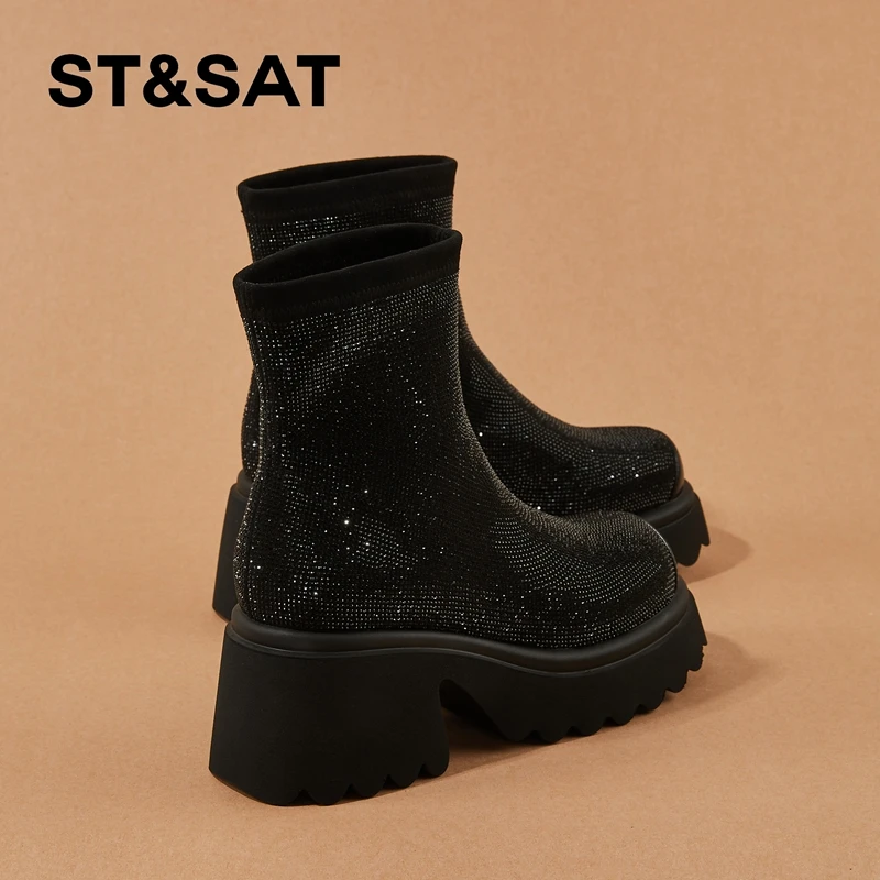 星期六真皮7CM厚底增高水钻短靴女2025秋季爆款弹力瘦瘦靴子女靴