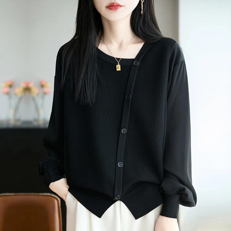 上衣设计感小众女秋装大码胖mm打底衫2025年新款显瘦遮肉拼接毛衣