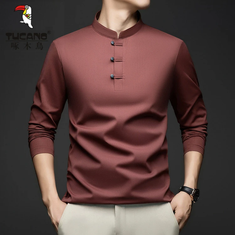 啄木鸟高品质2025春秋国风休闲T恤立领长袖爸爸装男士打底POLO衫