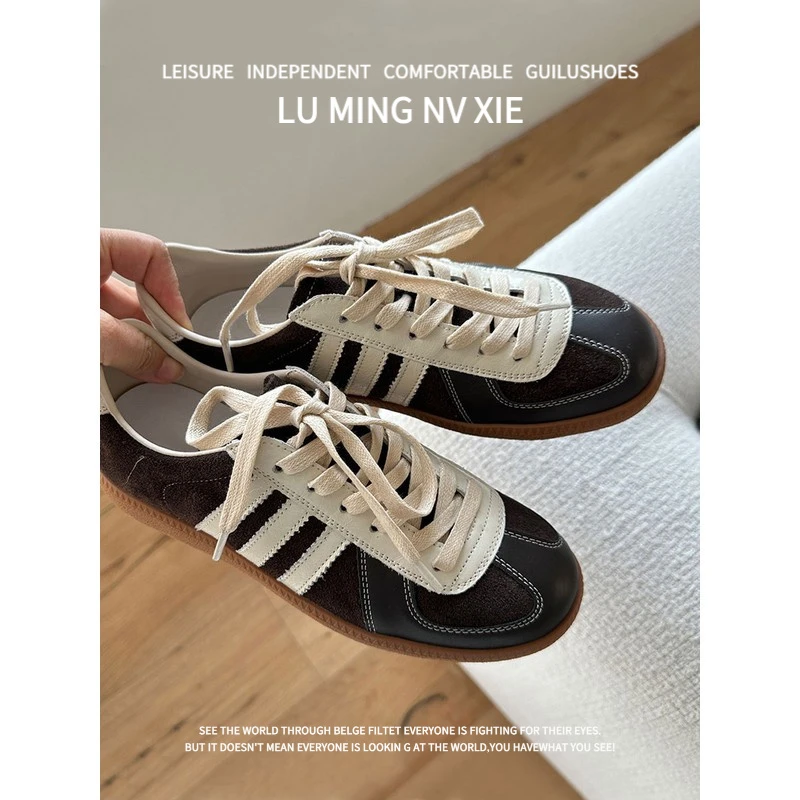 羊皮版~2025夏季新款系带圆头阿甘鞋平底时尚休闲拼色运动德训鞋