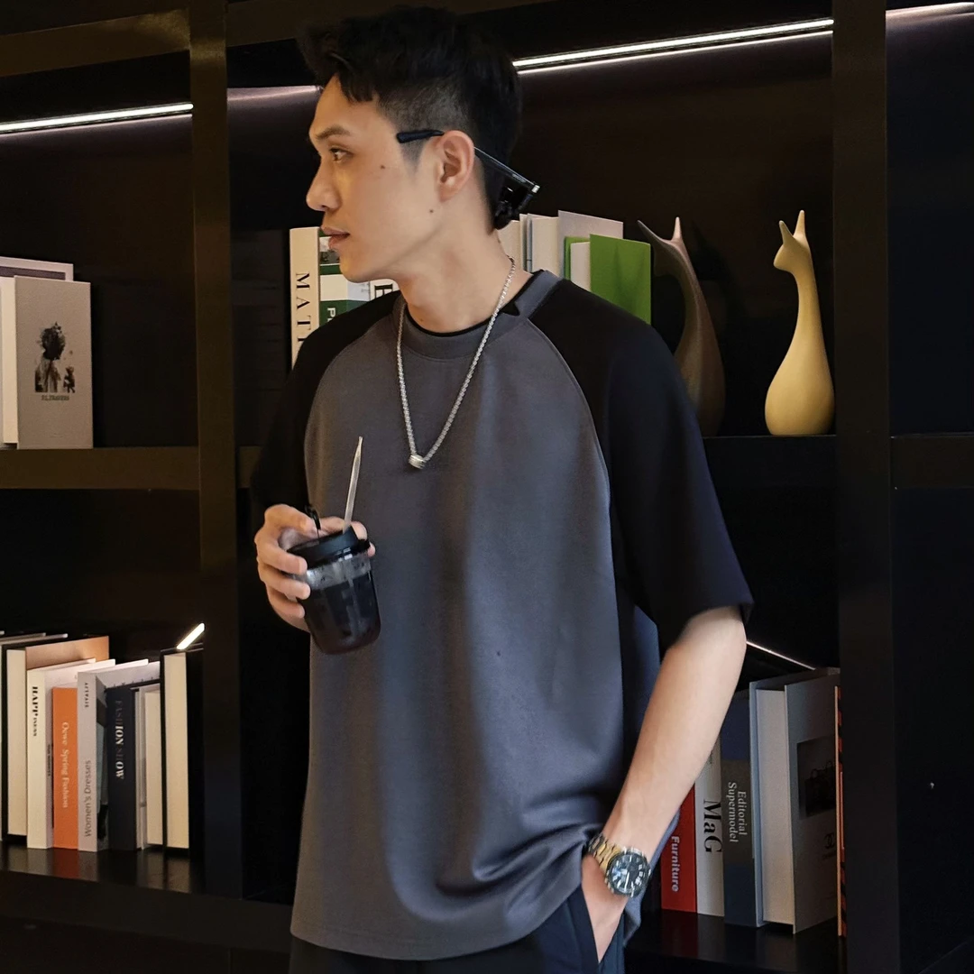 【莫代尔云感】夏季宽松凉感透气高级插肩撞色刺绣男士短袖T恤