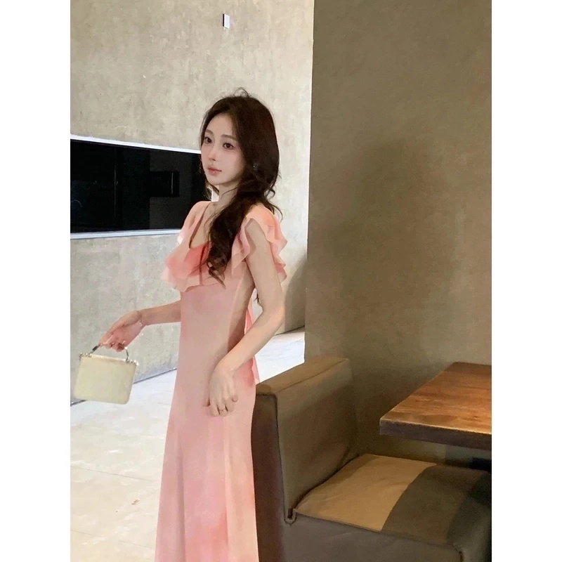 星仔-垂坠飘逸珍珠雪纺碎花显瘦连衣裙女晕染荷叶边长裙