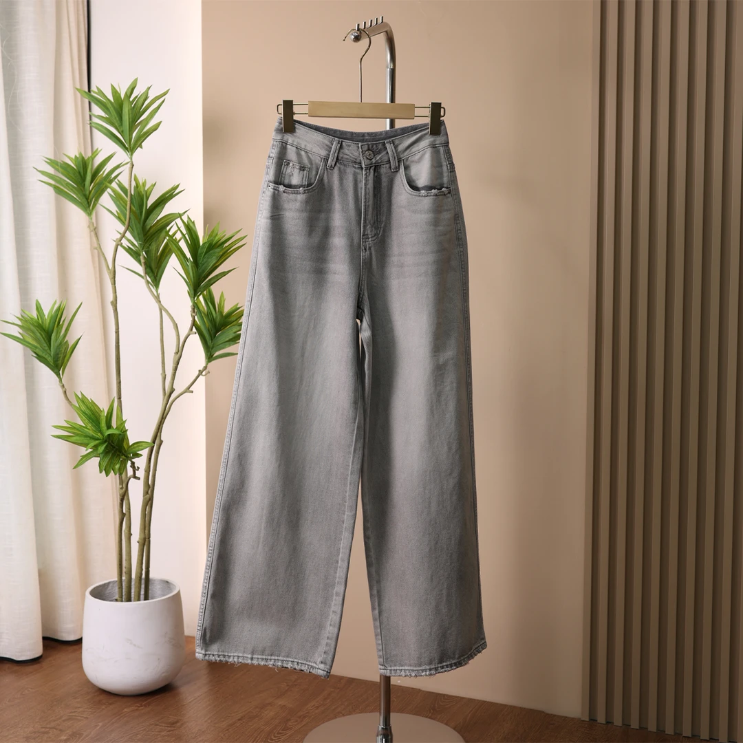 灰色高腰阔腿牛仔裤女2025夏款显腿长遮肉显瘦百搭直筒裤子T3182