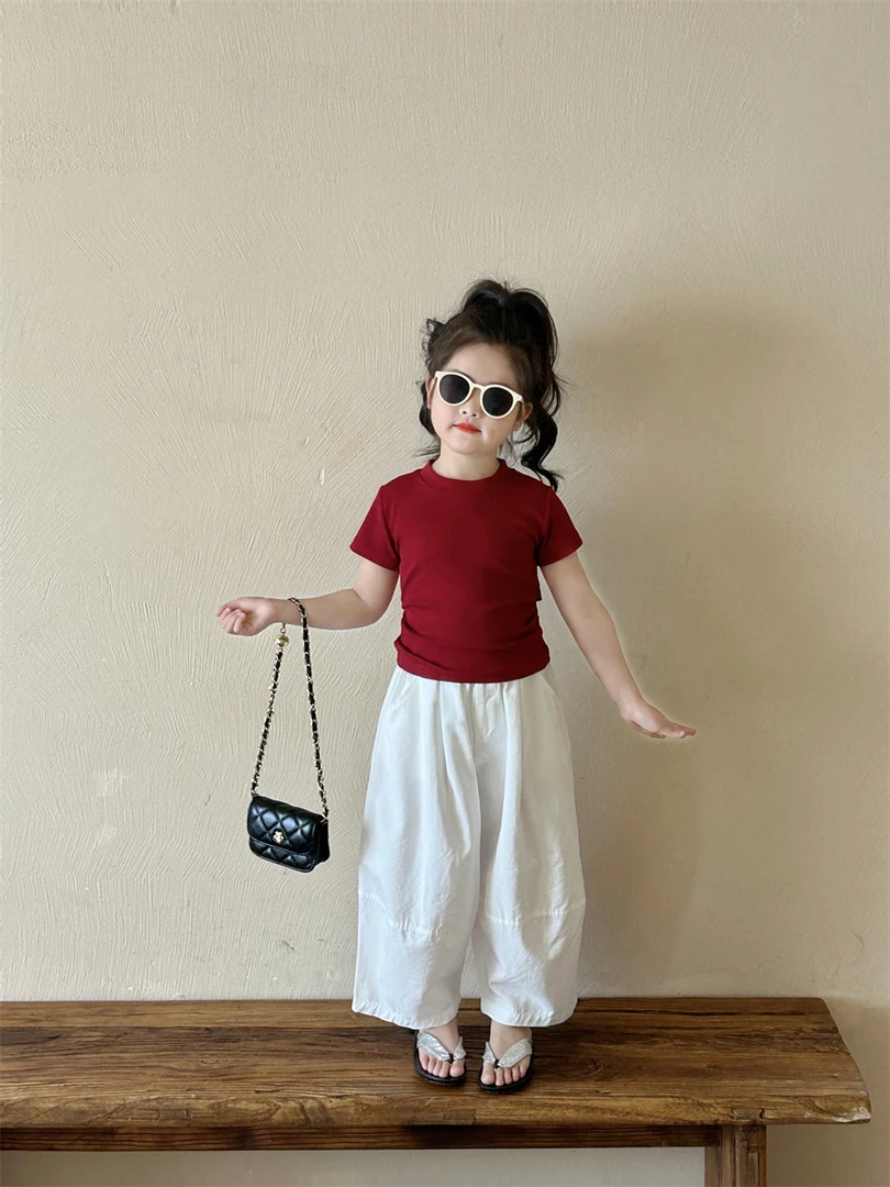 女童套装2024夏季新款韩版儿童系带坑条T恤阔腿气球裤小童两件套