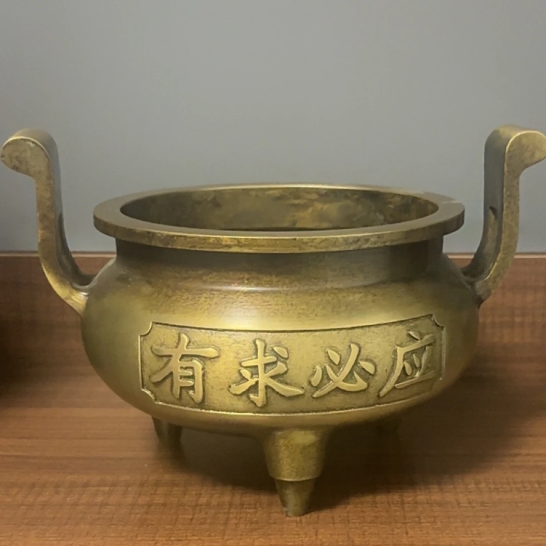 纯铜仿古双耳宣德香炉口径15cm重3.5斤高脚深炉膛