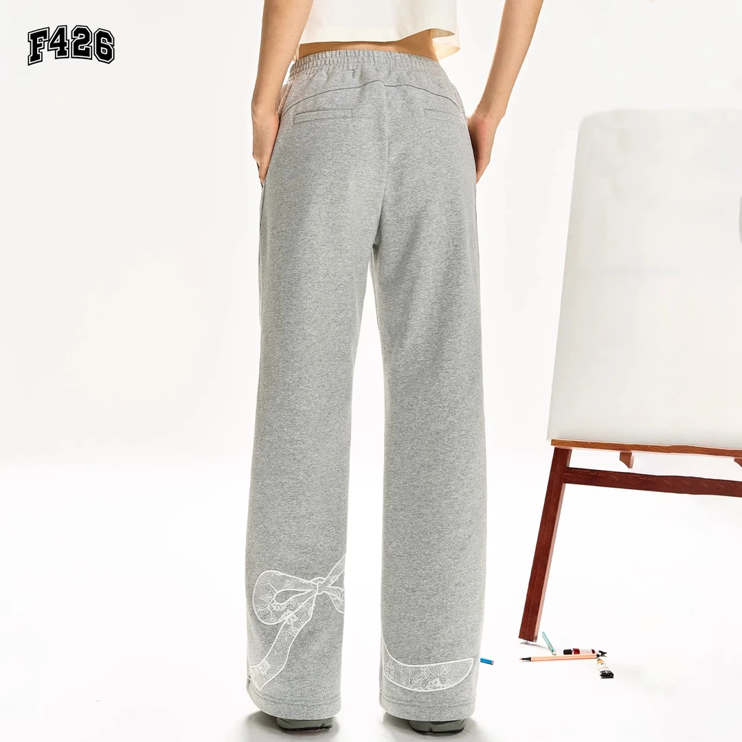 F426潮牌秋季蝴蝶结蕾丝直筒休闲长裤微喇休闲时尚显瘦卫裤6379