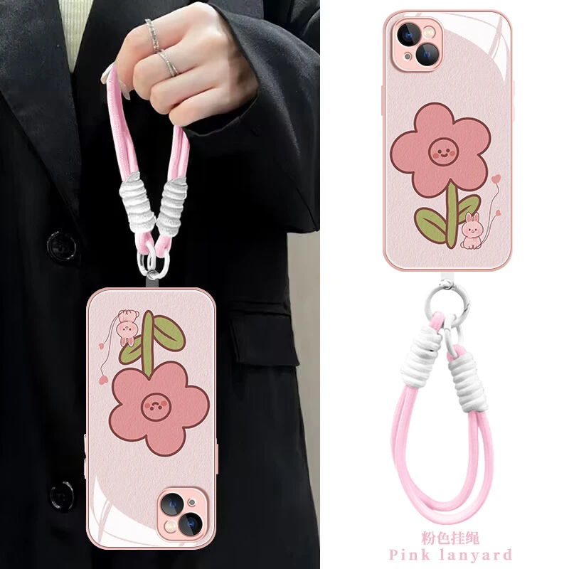 适用【苹果/华为/荣耀/OPPO/vivo】花朵小兔液态玻璃手机壳