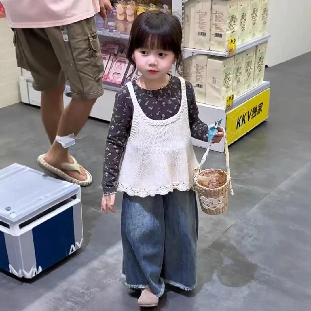 女童针织吊带衫套装2025秋季新款儿童碎花长袖上衣宝宝毛边阔腿裤