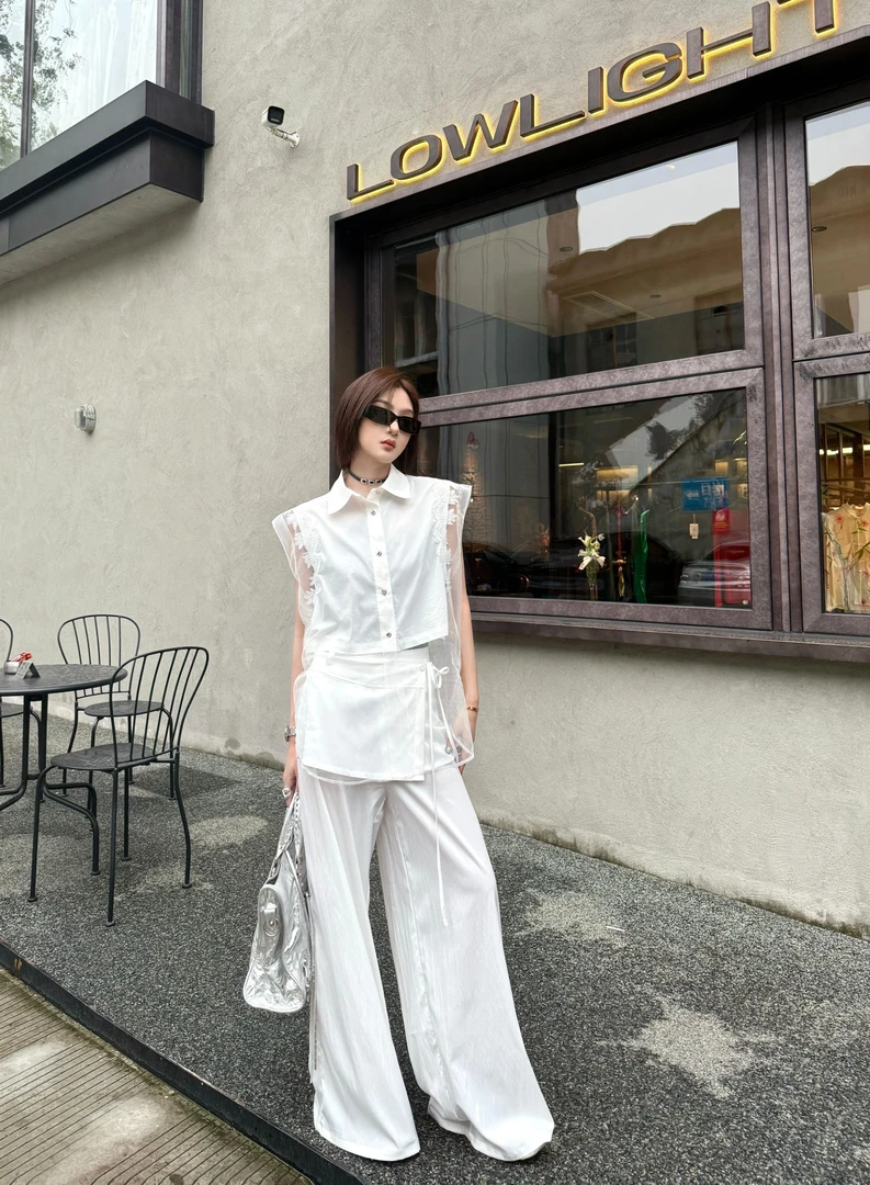 邓蕾婷【颜值爆表】夏季新款屁帘假两件高腰显瘦洋气垂感宽松阔腿裤