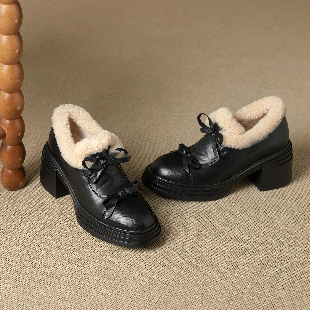 手工真皮女鞋~7.5cm小个子高跟加绒毛毛单鞋女冬季英伦风乐福鞋