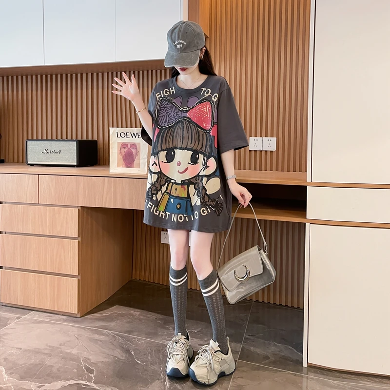 中长款卡通短袖T恤女夏季韩版宽松大版t恤时尚减龄设计感网红上衣