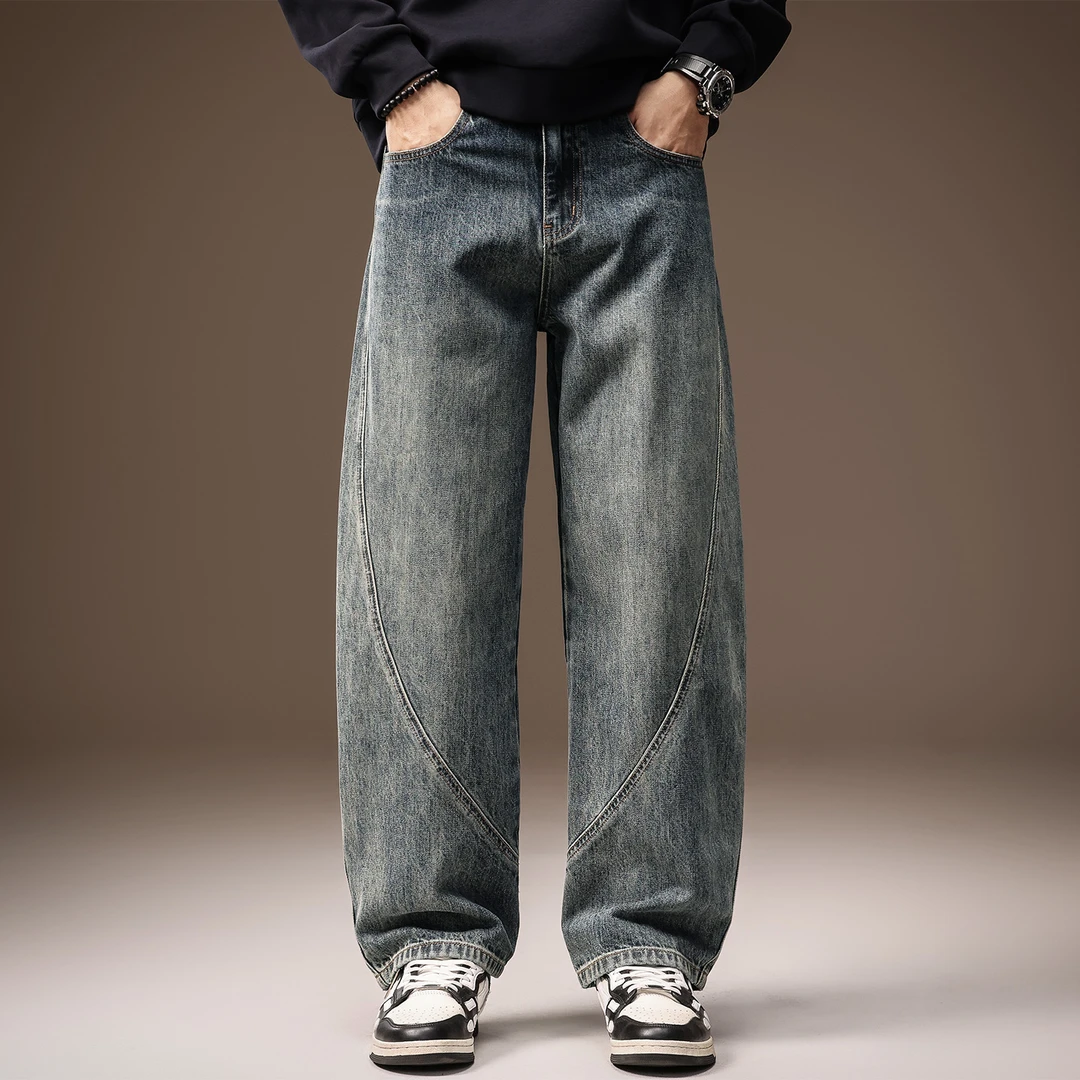 高端美式高街弯刀牛仔裤男秋季新款宽松直筒潮牌复古休闲阔腿长裤