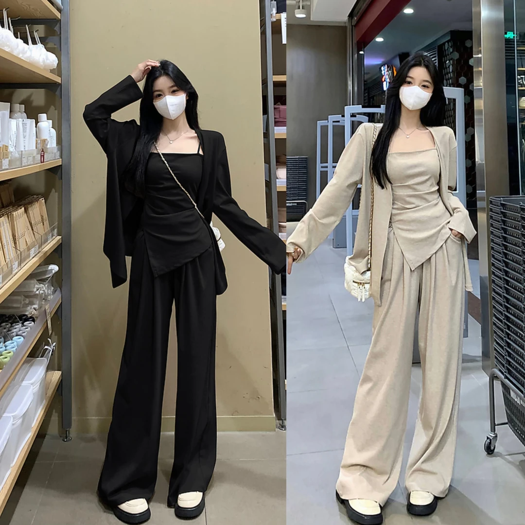 不规则内搭吊带开衫阔腿裤三件套女春季大码胖mm时尚休闲显瘦套装