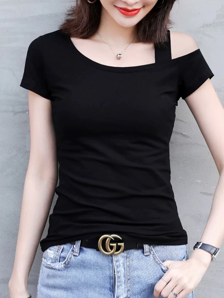 黑色短袖t恤女单肩上衣设计感女小众2025夏季新款露肩吊带时尚ins