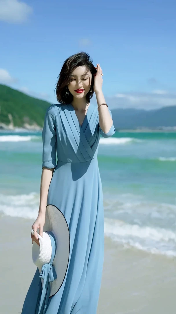 2025新款女装蓝色气质连衣裙夏装清新V领莱赛尔大摆长裙WF3071