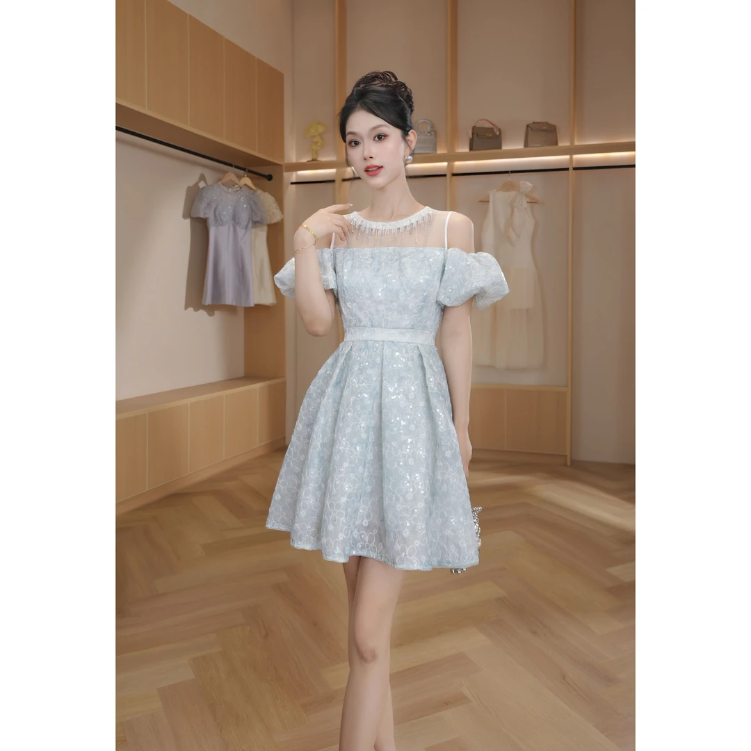 【设计师定制】 新款提花网纱显瘦气质收腰连衣裙65346