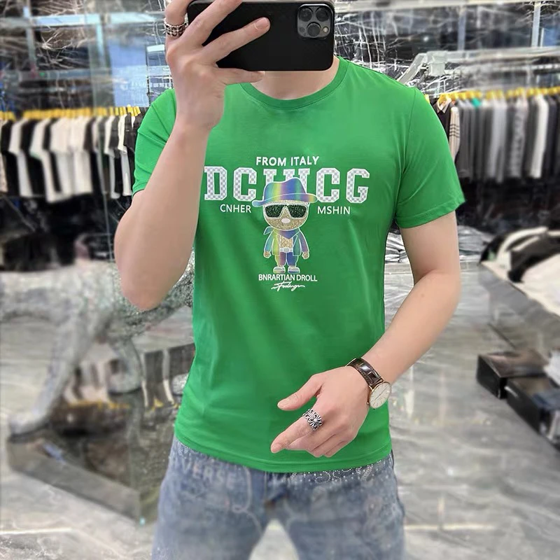 夏季新款短袖t恤高端时尚个性烫钻潮流修身圆领百搭男士潮牌上衣