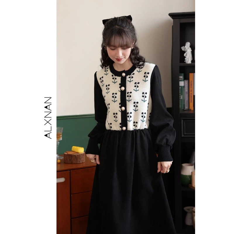 《花城记忆》法式拼接针织连衣裙中长款裙子女秋冬LXN27837