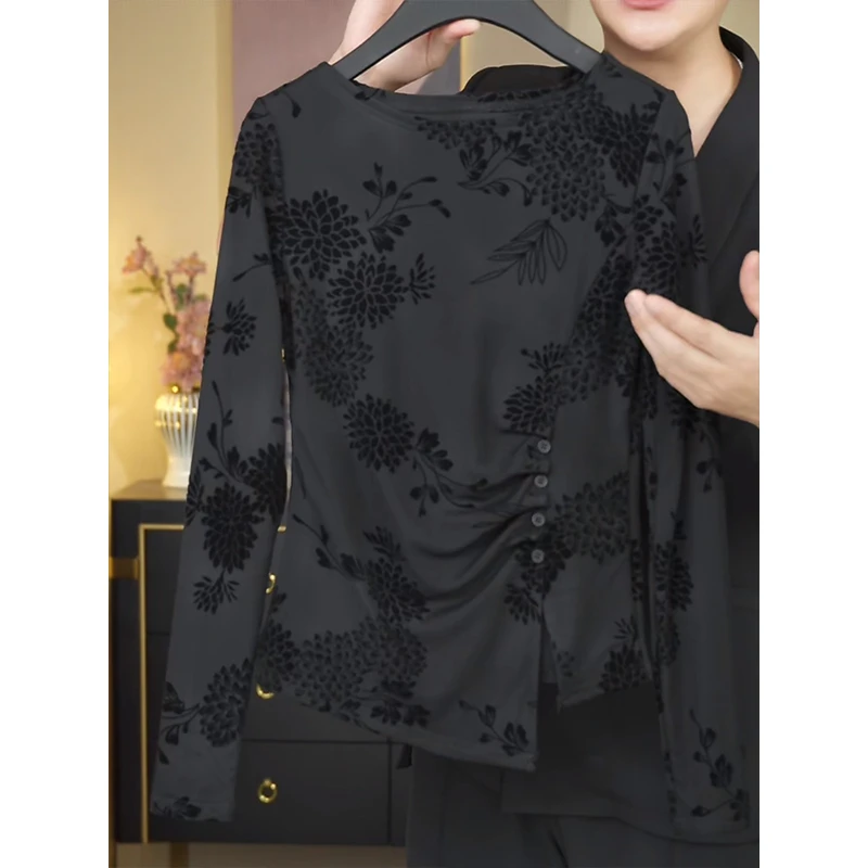 高级感不规则碎花长袖t恤女士2025秋季新款时尚小众打底衫上衣潮