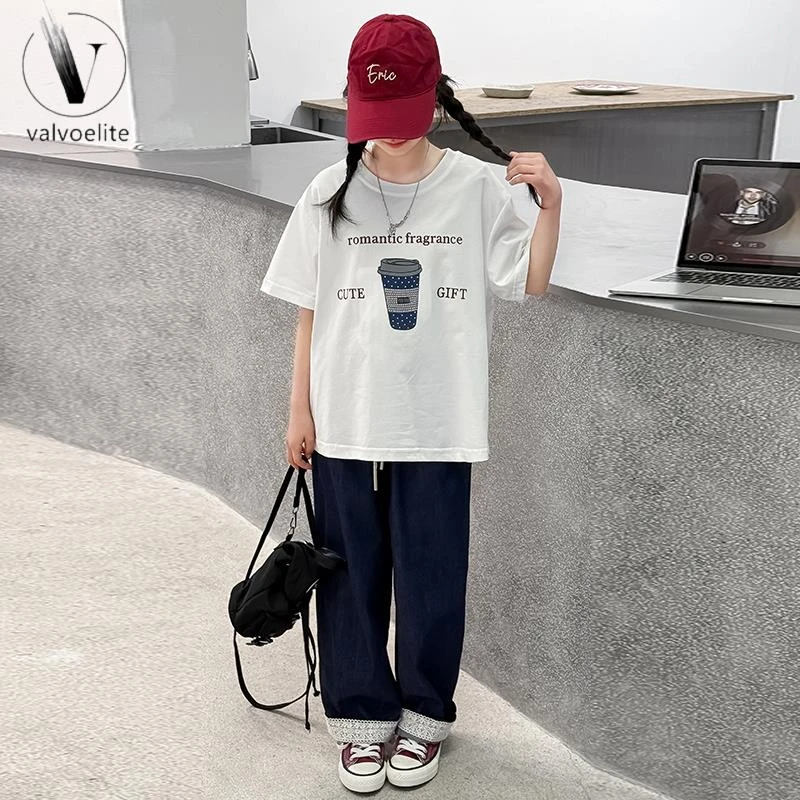 VALVOELITE女童夏季套装新款洋气儿童夏装短袖T恤中大童牛仔裤夏