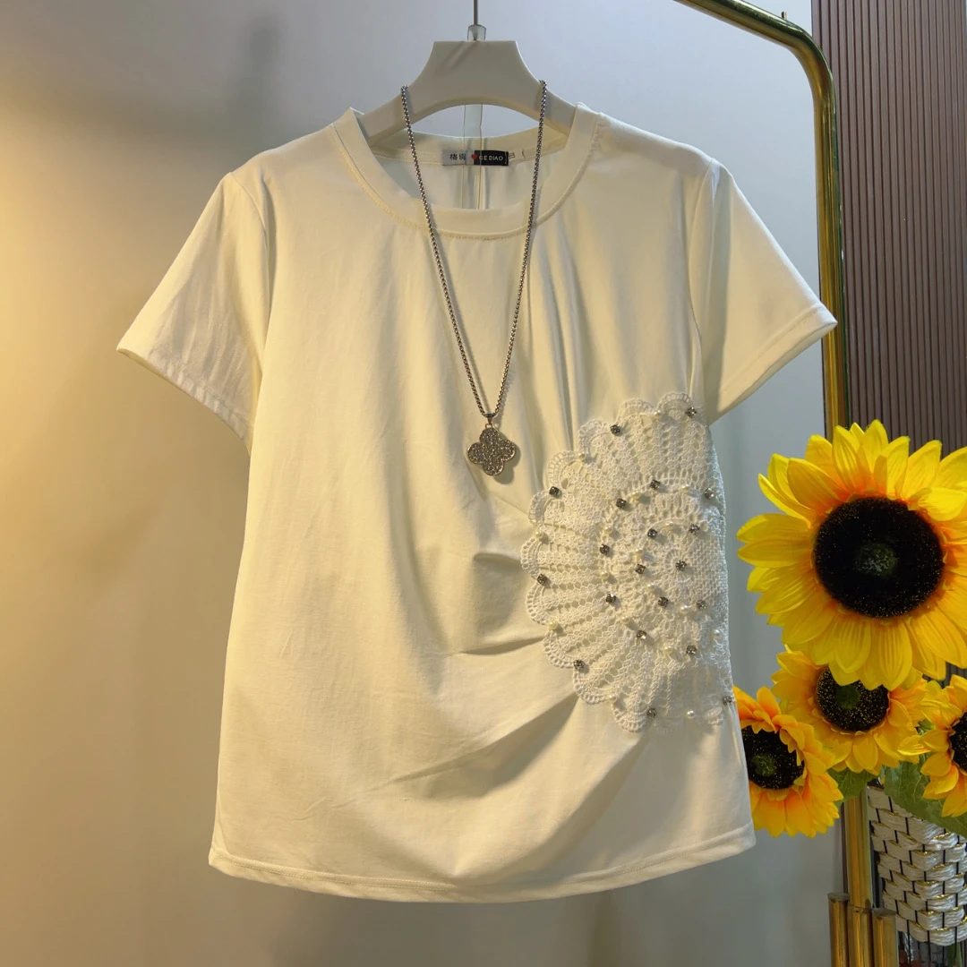 GD新款时尚圆领减龄重工短袖小衫上衣