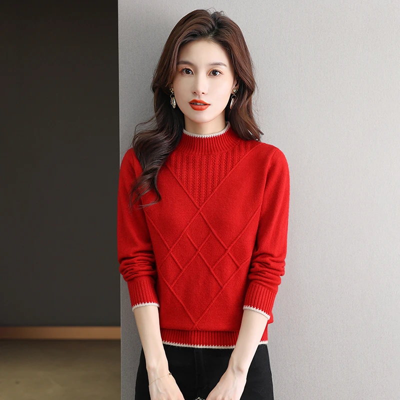 冬季新款半高领厚款针织打底衫女士宽松百搭保暖毛衣女套头长袖