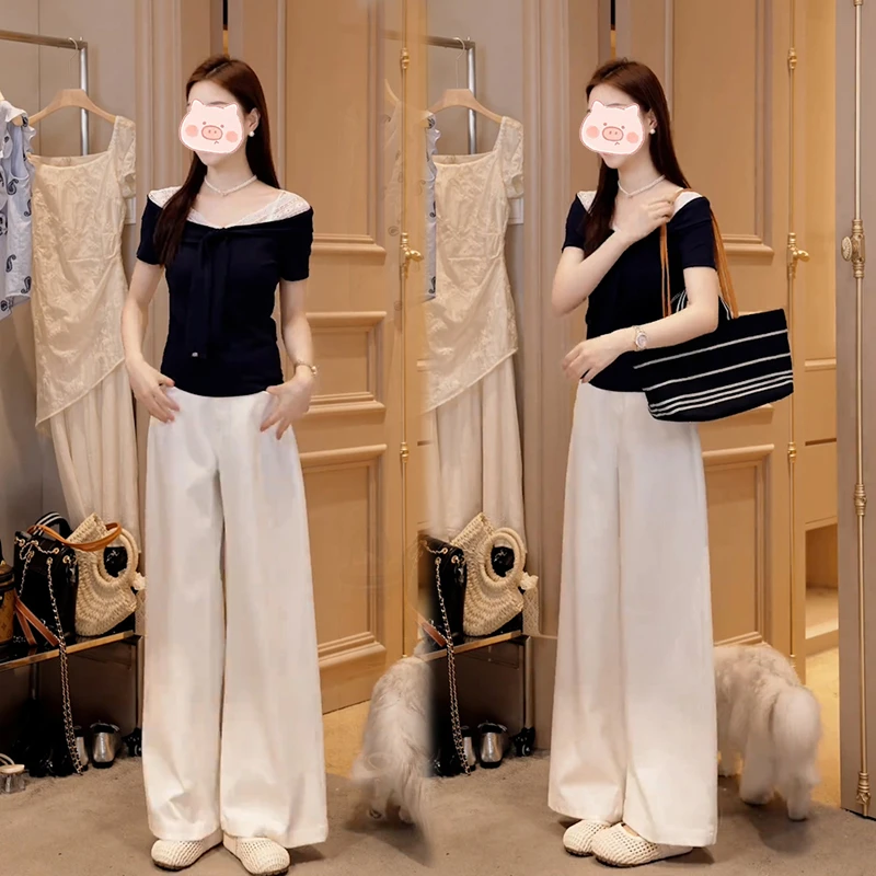 韩版设计感V领蝴蝶结短袖T恤女夏季新款高腰显瘦甜美+休闲裤套装