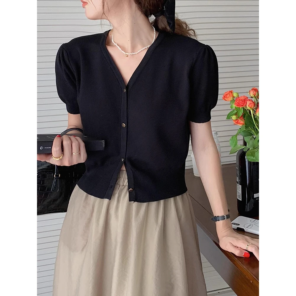 法式春夏季冰丝短袖v领黑色针织小开衫女薄款短款泡泡袖上衣外搭
