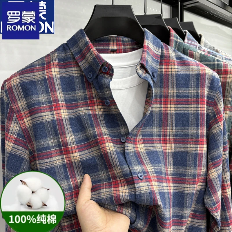 罗蒙秋冬季男士长袖衬衫休闲格子磨毛格纹外套衬衣长绒棉百搭寸衫