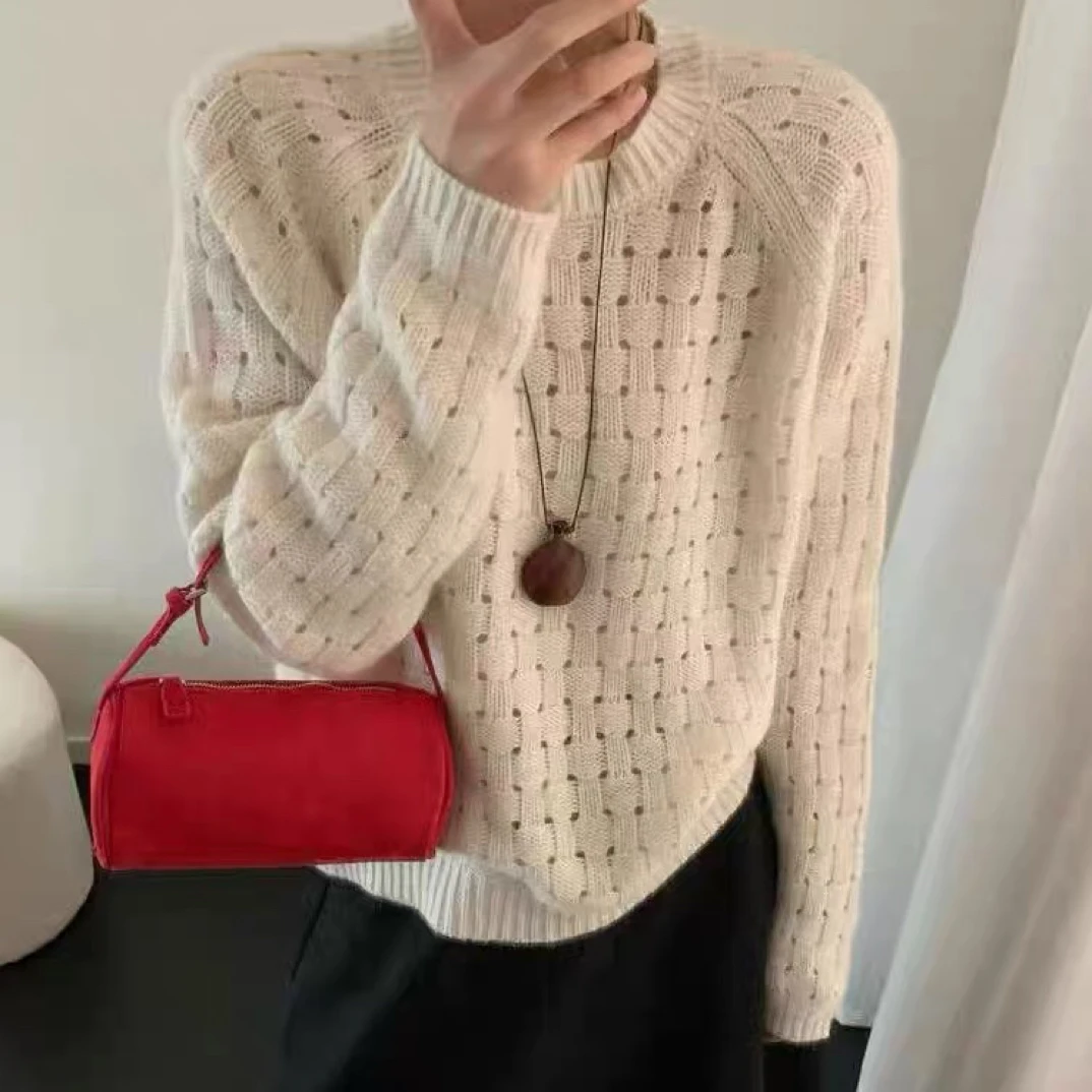 欧洲站2025早秋新款圆领长袖针织衫女宽松显瘦百搭冬季上衣