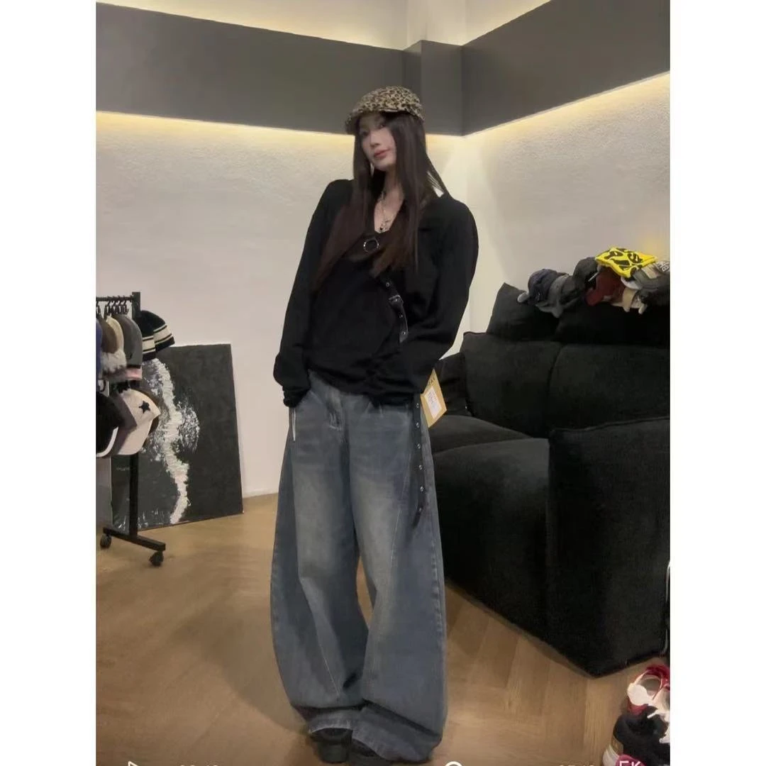 【林小呆专属】潮ins男女同款阔腿牛仔裤女设计感宽松垂感拖地裤子