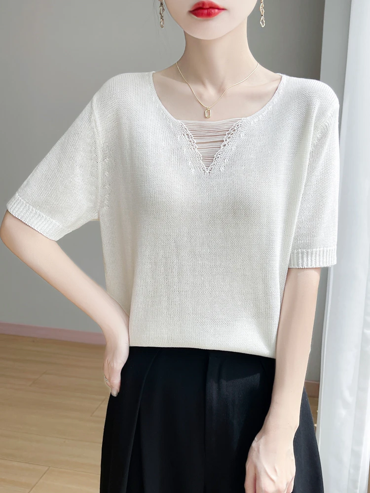 女新款冰丝亚麻拉丝短袖宽松大码T恤针织衫春夏薄款百搭气质显瘦