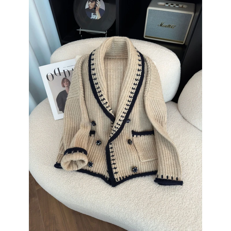 KAISIO春秋慵懒风V领双排扣软糯上衣套头针织开衫2501057