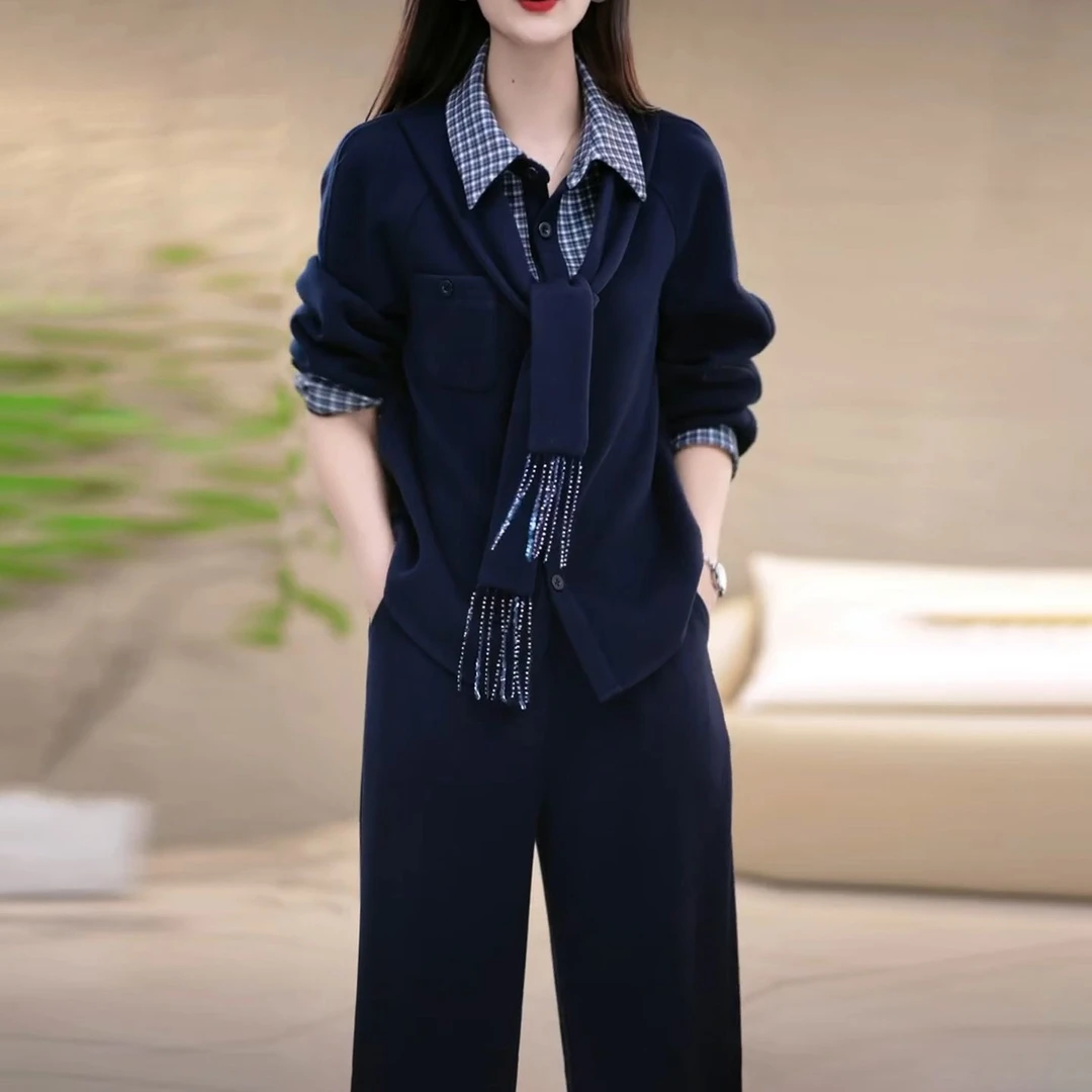 精纺宝来绒两件套2025秋季新款女装时尚气质显瘦上衣裤子轻奢套装